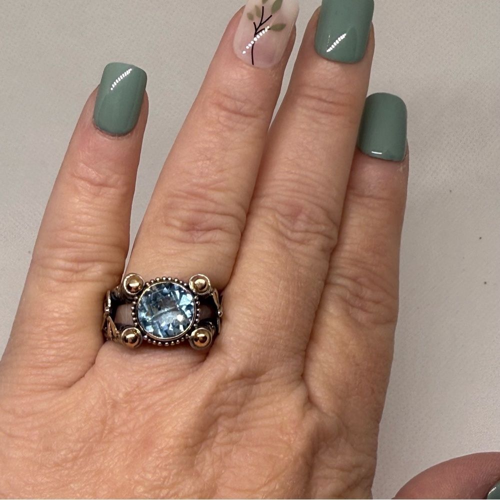Blue topaz sterling silver ring with 18kt gold accents size 10 - Picture 2 of 8